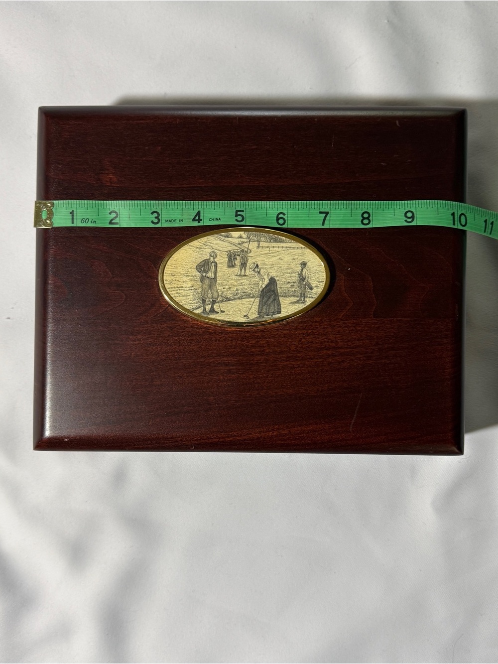 Barlow Wooden Jewelry Dresser Box with Brass Golf Scene Scrimshaw Inlay - Picture 5 of 8